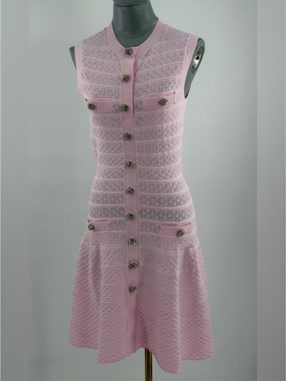 🆕 SELF-PORTRAIT 🧿 NWOT Pink Pointelle Diamante Button Knit Mini Dress, Sz M - Picture 11 of 16